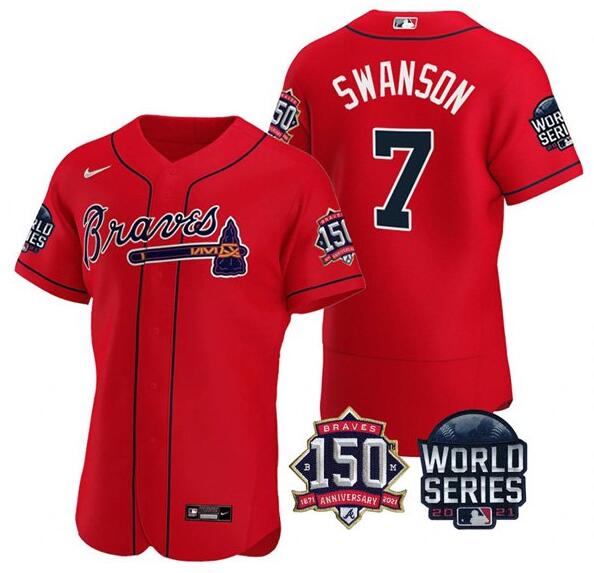 Men's Atlanta Braves #7 Dansby Swanson 2021 Red World Series With 150th Anniversary Patch Stitched Baseball Jersey Men's Atlanta Braves #7 Dansby Swanson 2021 Red World Series With 150th Anniversary Patch Stitched Baseball Jersey